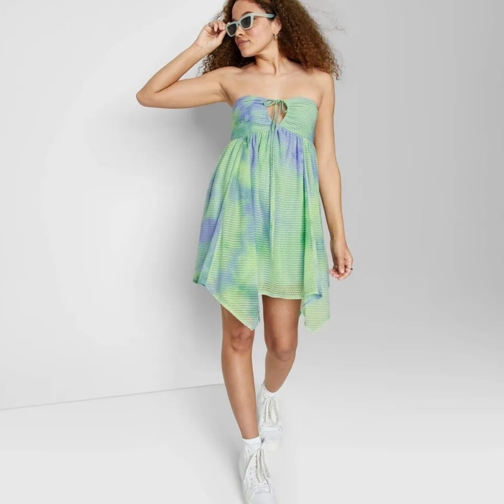 Wild Fable Tie Dye Asymmetrical Dress Green Purple Size M NWT Halter Strapless